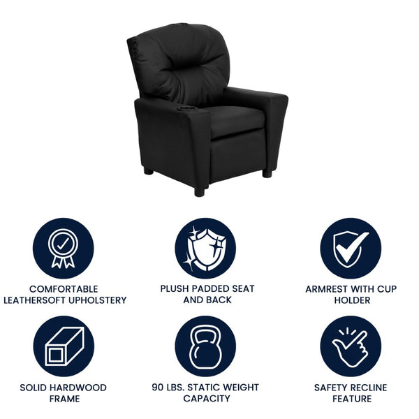 English Elm Chandler Cozy Kids Recliner with Cup Holder - Perfect for Gaming, Movies, and Relaxation Time Black LeatherSoft BT-7950-KID-BK-LEA-GG