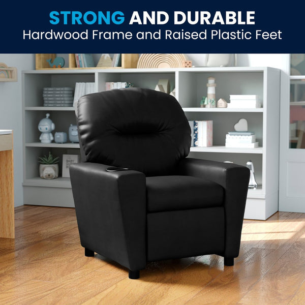 English Elm Chandler Cozy Kids Recliner with Cup Holder - Perfect for Gaming, Movies, and Relaxation Time Black LeatherSoft BT-7950-KID-BK-LEA-GG
