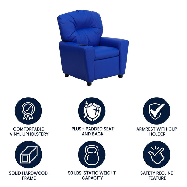 English Elm Chandler Cozy Kids Recliner with Cup Holder - Perfect for Gaming, Movies, and Relaxation Time Blue Vinyl BT-7950-KID-BLUE-GG