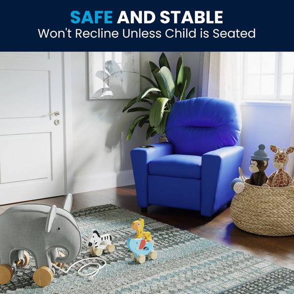 English Elm Chandler Cozy Kids Recliner with Cup Holder - Perfect for Gaming, Movies, and Relaxation Time Blue Vinyl BT-7950-KID-BLUE-GG