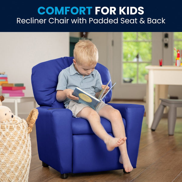 English Elm Chandler Cozy Kids Recliner with Cup Holder - Perfect for Gaming, Movies, and Relaxation Time Blue Vinyl BT-7950-KID-BLUE-GG