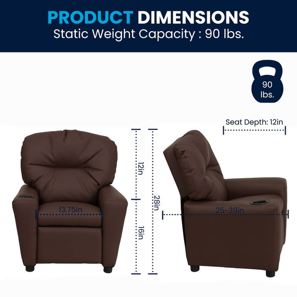 English Elm Chandler Cozy Kids Recliner with Cup Holder - Perfect for Gaming, Movies, and Relaxation Time Brown LeatherSoft BT-7950-KID-BRN-LEA-GG