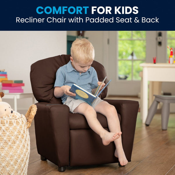 English Elm Chandler Cozy Kids Recliner with Cup Holder - Perfect for Gaming, Movies, and Relaxation Time Brown LeatherSoft BT-7950-KID-BRN-LEA-GG