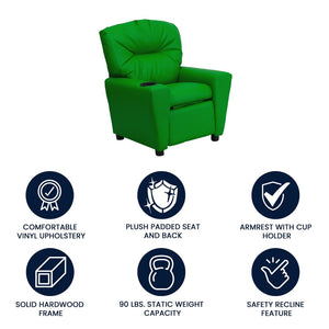 English Elm Chandler Cozy Kids Recliner with Cup Holder - Perfect for Gaming, Movies, and Relaxation Time Green Vinyl BT-7950-KID-GRN-GG