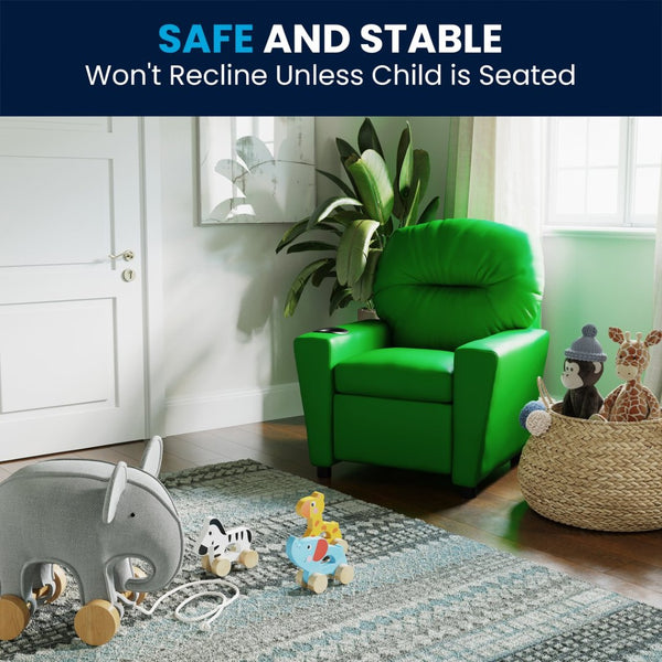 English Elm Chandler Cozy Kids Recliner with Cup Holder - Perfect for Gaming, Movies, and Relaxation Time Green Vinyl BT-7950-KID-GRN-GG