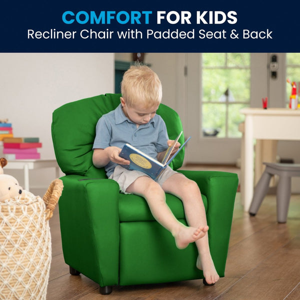 English Elm Chandler Cozy Kids Recliner with Cup Holder - Perfect for Gaming, Movies, and Relaxation Time Green Vinyl BT-7950-KID-GRN-GG