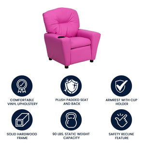 English Elm Chandler Cozy Kids Recliner with Cup Holder - Perfect for Gaming, Movies, and Relaxation Time Hot Pink Vinyl BT-7950-KID-HOT-PINK-GG