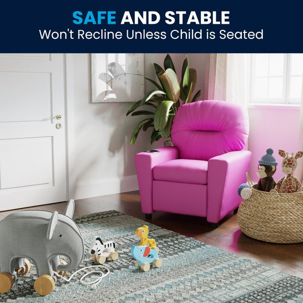 English Elm Chandler Cozy Kids Recliner with Cup Holder - Perfect for Gaming, Movies, and Relaxation Time Hot Pink Vinyl BT-7950-KID-HOT-PINK-GG