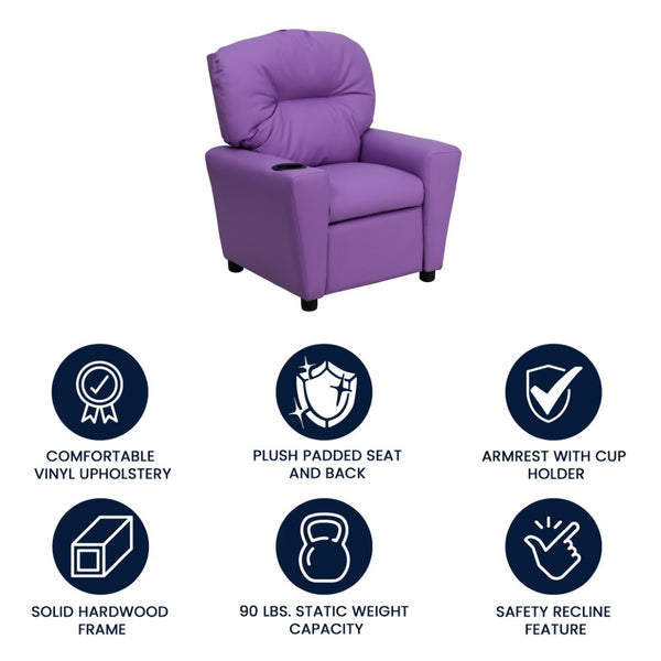 English Elm Chandler Cozy Kids Recliner with Cup Holder - Perfect for Gaming, Movies, and Relaxation Time Lavender Vinyl BT-7950-KID-LAV-GG