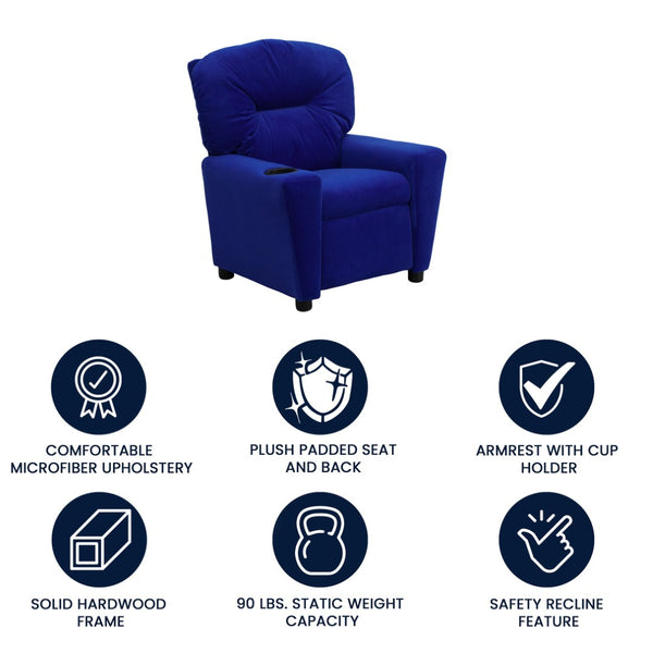 English Elm Chandler Cozy Kids Recliner with Cup Holder - Perfect for Gaming, Movies, and Relaxation Time Blue Microfiber BT-7950-KID-MIC-BLUE-GG