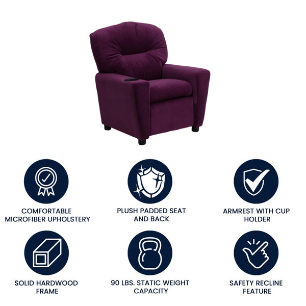 English Elm Chandler Cozy Kids Recliner with Cup Holder - Perfect for Gaming, Movies, and Relaxation Time Purple Microfiber BT-7950-KID-MIC-PUR-GG