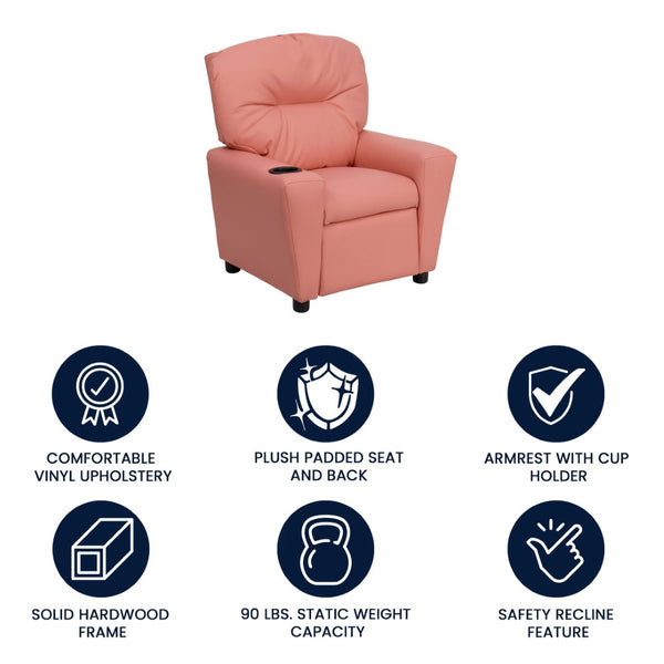 English Elm Chandler Cozy Kids Recliner with Cup Holder - Perfect for Gaming, Movies, and Relaxation Time Pink Vinyl BT-7950-KID-PINK-GG