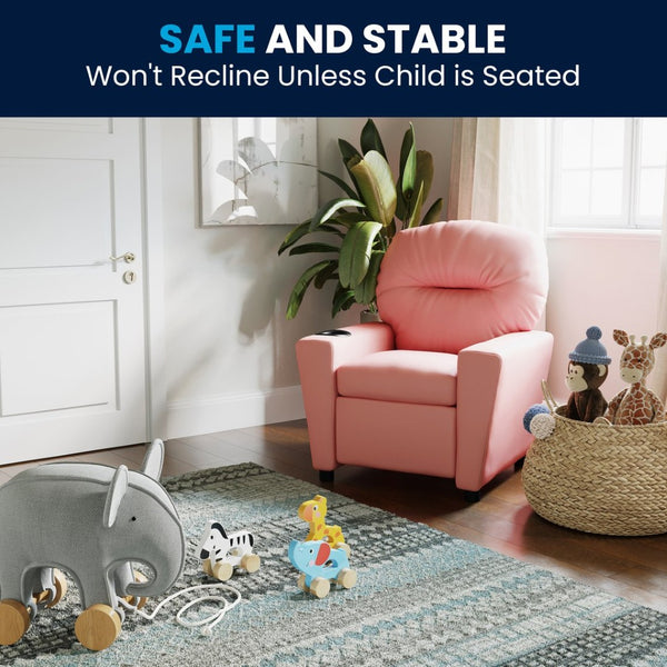 English Elm Chandler Cozy Kids Recliner with Cup Holder - Perfect for Gaming, Movies, and Relaxation Time Pink Vinyl BT-7950-KID-PINK-GG