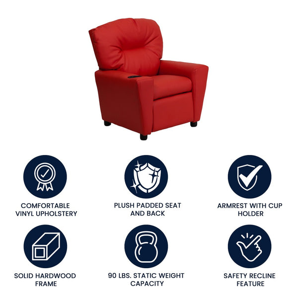 English Elm Chandler Cozy Kids Recliner with Cup Holder - Perfect for Gaming, Movies, and Relaxation Time Red Vinyl BT-7950-KID-RED-GG