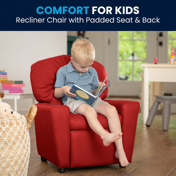 English Elm Chandler Cozy Kids Recliner with Cup Holder - Perfect for Gaming, Movies, and Relaxation Time Red Vinyl BT-7950-KID-RED-GG