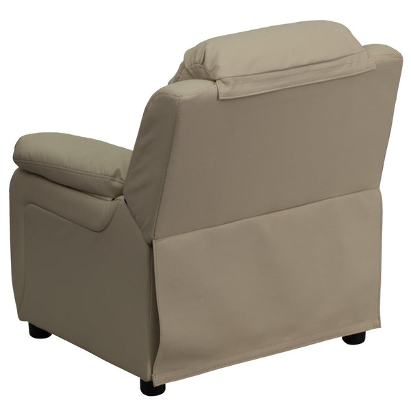 English Elm Charlie Deluxe Padded Kids Recliner with Storage Arms, Cozy Comfort for Playrooms & Living Spaces Beige Vinyl BT-7985-KID-BGE-GG