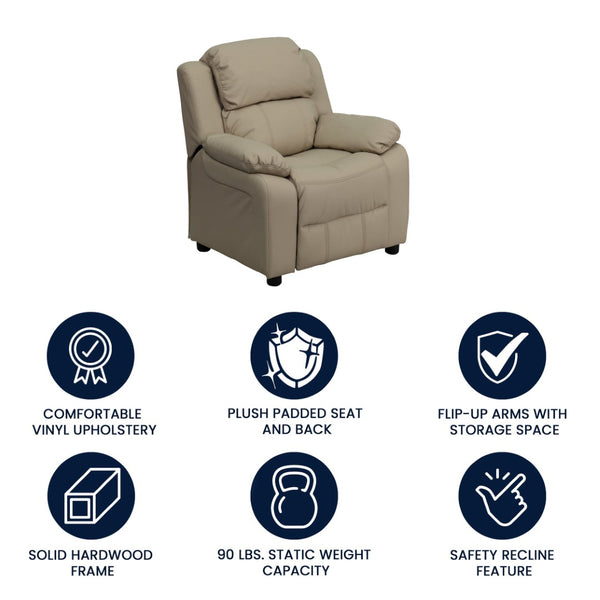 English Elm Charlie Deluxe Padded Kids Recliner with Storage Arms, Cozy Comfort for Playrooms & Living Spaces Beige Vinyl BT-7985-KID-BGE-GG