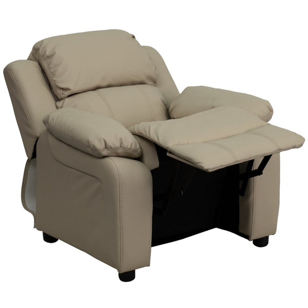 English Elm Charlie Deluxe Padded Kids Recliner with Storage Arms, Cozy Comfort for Playrooms & Living Spaces Beige Vinyl BT-7985-KID-BGE-GG