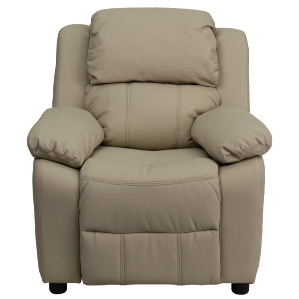 English Elm Charlie Deluxe Padded Kids Recliner with Storage Arms, Cozy Comfort for Playrooms & Living Spaces Beige Vinyl BT-7985-KID-BGE-GG