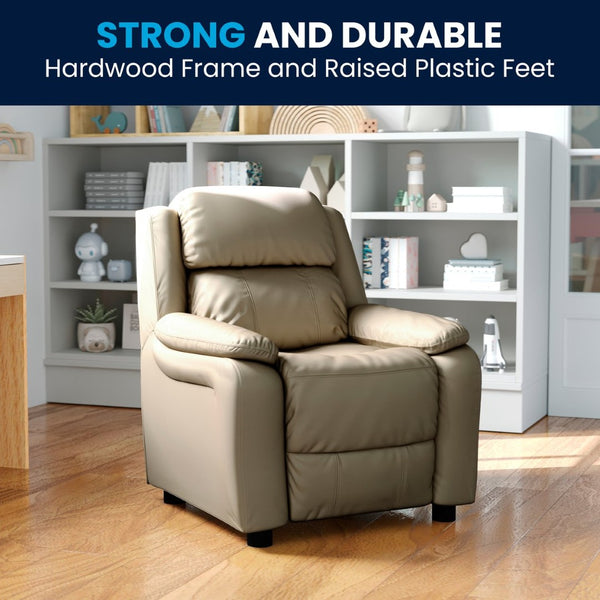 English Elm Charlie Deluxe Padded Kids Recliner with Storage Arms, Cozy Comfort for Playrooms & Living Spaces Beige Vinyl BT-7985-KID-BGE-GG