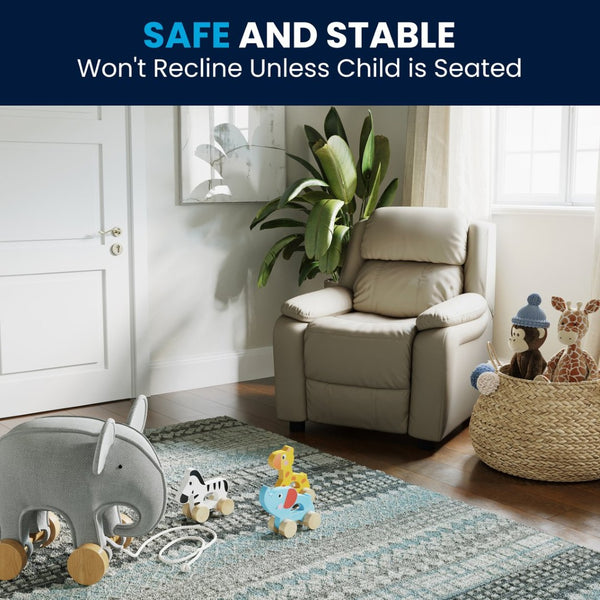 English Elm Charlie Deluxe Padded Kids Recliner with Storage Arms, Cozy Comfort for Playrooms & Living Spaces Beige Vinyl BT-7985-KID-BGE-GG