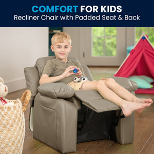 English Elm Charlie Deluxe Padded Kids Recliner with Storage Arms, Cozy Comfort for Playrooms & Living Spaces Beige Vinyl BT-7985-KID-BGE-GG