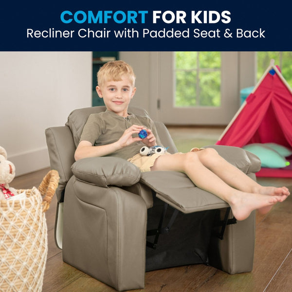 English Elm Charlie Deluxe Padded Kids Recliner with Storage Arms, Cozy Comfort for Playrooms & Living Spaces Beige Vinyl BT-7985-KID-BGE-GG