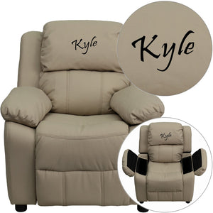 English Elm Personalized Deluxe Kids Recliner with Storage Arms – Cozy Comfort for Reading, Games, and Relaxation Beige Vinyl BT-7985-KID-BGE-TXTEMB-GG