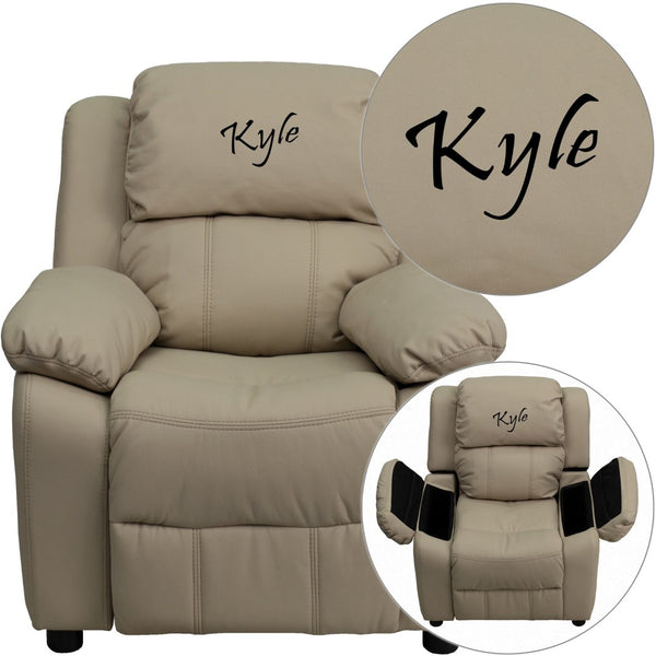 English Elm Personalized Deluxe Kids Recliner with Storage Arms – Cozy Comfort for Reading, Games, and Relaxation Beige Vinyl BT-7985-KID-BGE-TXTEMB-GG