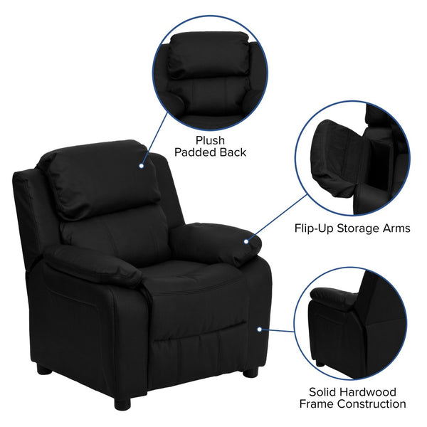 English Elm Charlie Deluxe Padded Kids Recliner with Storage Arms, Cozy Comfort for Playrooms & Living Spaces Black LeatherSoft BT-7985-KID-BK-LEA-GG