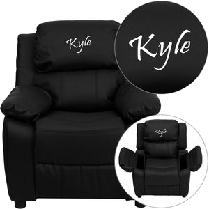 English Elm Personalized Deluxe Kids Recliner with Storage Arms – Cozy Comfort for Reading, Games, and Relaxation Black LeatherSoft BT-7985-KID-BK-LEA-TXTEMB-GG