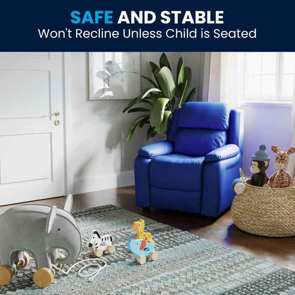 English Elm Charlie Deluxe Padded Kids Recliner with Storage Arms, Cozy Comfort for Playrooms & Living Spaces Blue Vinyl BT-7985-KID-BLUE-GG