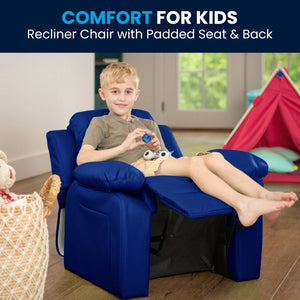 English Elm Charlie Deluxe Padded Kids Recliner with Storage Arms, Cozy Comfort for Playrooms & Living Spaces Blue Vinyl BT-7985-KID-BLUE-GG