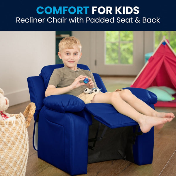 English Elm Charlie Deluxe Padded Kids Recliner with Storage Arms, Cozy Comfort for Playrooms & Living Spaces Blue Vinyl BT-7985-KID-BLUE-GG