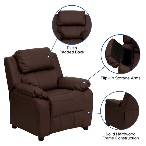English Elm Charlie Deluxe Padded Kids Recliner with Storage Arms, Cozy Comfort for Playrooms & Living Spaces Brown LeatherSoft BT-7985-KID-BRN-LEA-GG