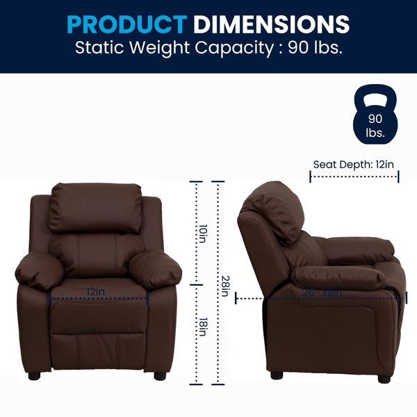 English Elm Charlie Deluxe Padded Kids Recliner with Storage Arms, Cozy Comfort for Playrooms & Living Spaces Brown LeatherSoft BT-7985-KID-BRN-LEA-GG