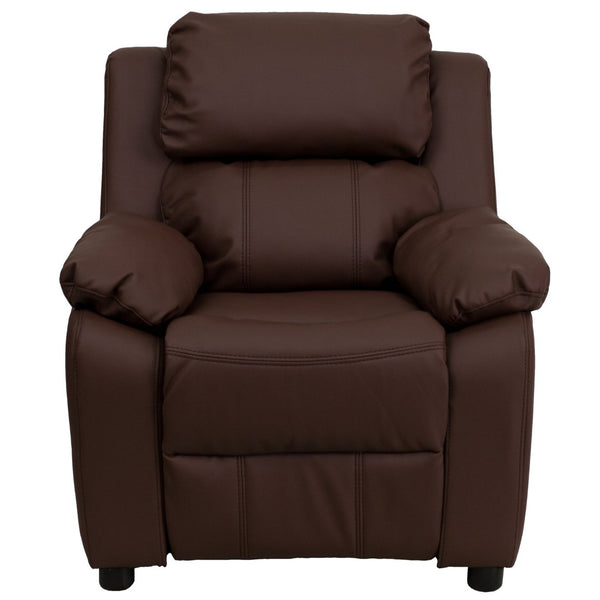 English Elm Charlie Deluxe Padded Kids Recliner with Storage Arms, Cozy Comfort for Playrooms & Living Spaces Brown LeatherSoft BT-7985-KID-BRN-LEA-GG