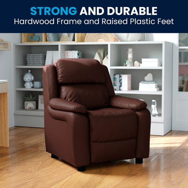 English Elm Charlie Deluxe Padded Kids Recliner with Storage Arms, Cozy Comfort for Playrooms & Living Spaces Brown LeatherSoft BT-7985-KID-BRN-LEA-GG