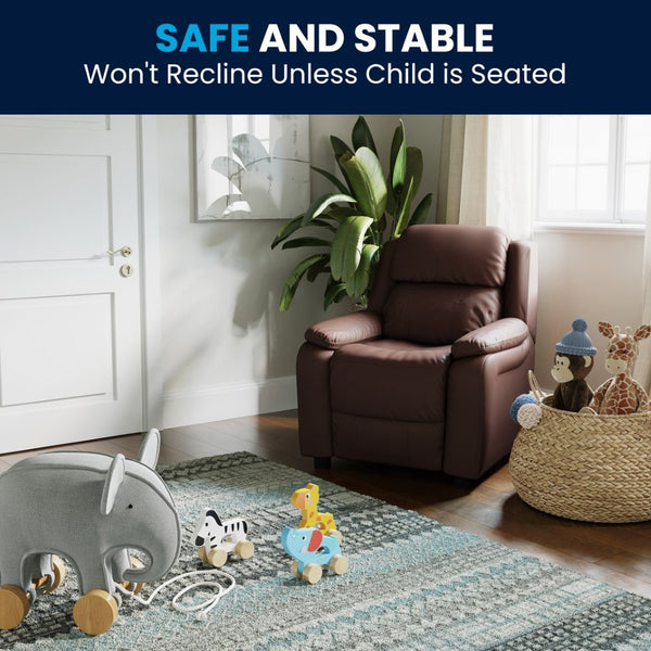 English Elm Charlie Deluxe Padded Kids Recliner with Storage Arms, Cozy Comfort for Playrooms & Living Spaces Brown LeatherSoft BT-7985-KID-BRN-LEA-GG