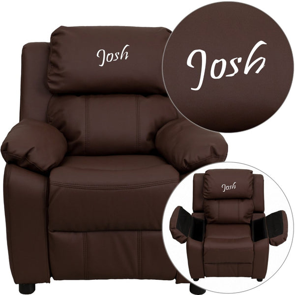 English Elm Personalized Deluxe Kids Recliner with Storage Arms – Cozy Comfort for Reading, Games, and Relaxation Brown LeatherSoft BT-7985-KID-BRN-LEA-TXTEMB-GG
