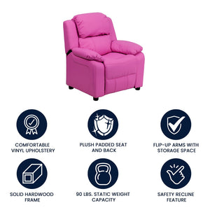 English Elm Charlie Deluxe Padded Kids Recliner with Storage Arms, Cozy Comfort for Playrooms & Living Spaces Hot Pink Vinyl BT-7985-KID-HOT-PINK-GG