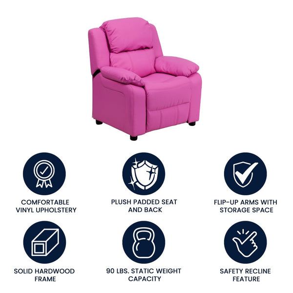 English Elm Charlie Deluxe Padded Kids Recliner with Storage Arms, Cozy Comfort for Playrooms & Living Spaces Hot Pink Vinyl BT-7985-KID-HOT-PINK-GG