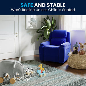 English Elm Charlie Deluxe Padded Kids Recliner with Storage Arms, Cozy Comfort for Playrooms & Living Spaces Blue Microfiber BT-7985-KID-MIC-BLUE-GG