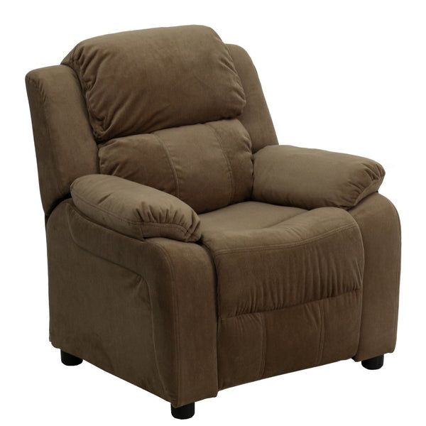 English Elm Charlie Deluxe Padded Kids Recliner with Storage Arms, Cozy Comfort for Playrooms & Living Spaces Brown Microfiber BT-7985-KID-MIC-BRN-GG