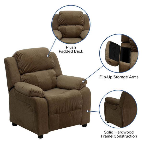 English Elm Charlie Deluxe Padded Kids Recliner with Storage Arms, Cozy Comfort for Playrooms & Living Spaces Brown Microfiber BT-7985-KID-MIC-BRN-GG