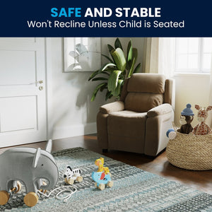 English Elm Charlie Deluxe Padded Kids Recliner with Storage Arms, Cozy Comfort for Playrooms & Living Spaces Brown Microfiber BT-7985-KID-MIC-BRN-GG