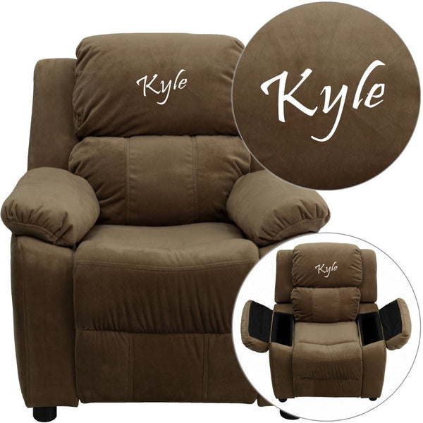 English Elm Personalized Deluxe Kids Recliner with Storage Arms – Cozy Comfort for Reading, Games, and Relaxation Brown Microfiber BT-7985-KID-MIC-BRN-TXTEMB-GG