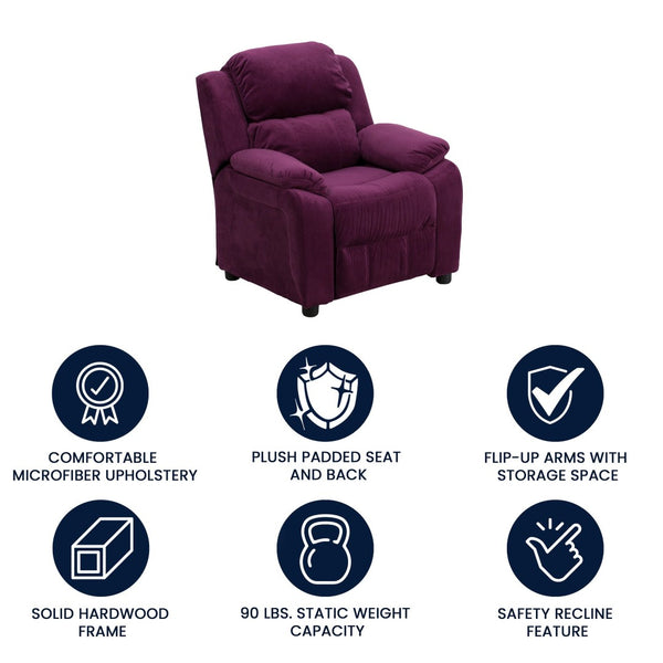 English Elm Charlie Deluxe Padded Kids Recliner with Storage Arms, Cozy Comfort for Playrooms & Living Spaces Purple Microfiber BT-7985-KID-MIC-PUR-GG