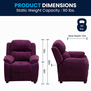 English Elm Charlie Deluxe Padded Kids Recliner with Storage Arms, Cozy Comfort for Playrooms & Living Spaces Purple Microfiber BT-7985-KID-MIC-PUR-GG