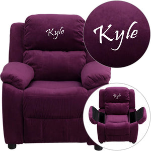 English Elm Personalized Deluxe Kids Recliner with Storage Arms – Cozy Comfort for Reading, Games, and Relaxation Purple Microfiber BT-7985-KID-MIC-PUR-TXTEMB-GG